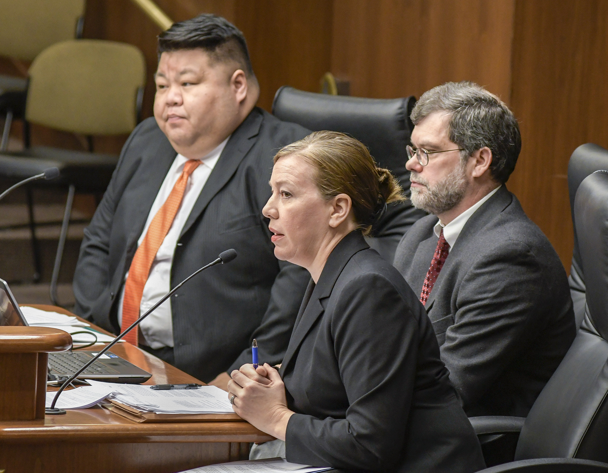 Katrina Gulstad, chief unemployment law judge at DEED, and Jim Hegman, the unemployment insurance program director, testify before the House jobs division Feb. 7 in support of a bill sponsored by Rep. Jay Xiong, left. Photo by Andrew VonBank